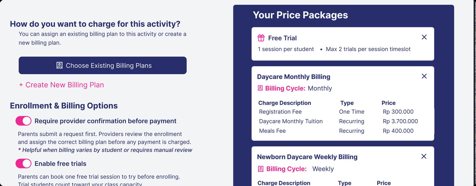 Billing plan setup