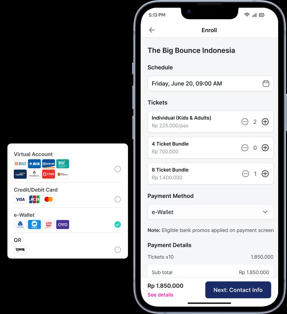 Ticket checkout on Happy Kamper, with session, ticket bundles, and Indonesian payment methods