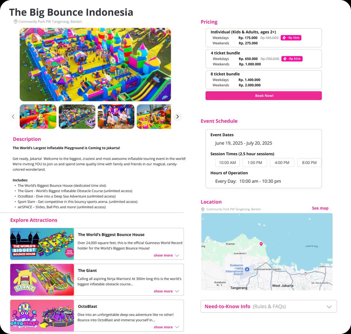 Happy Kamper public ticket page for The Big Bounce Indonesia, with pricing, session times, and event dates