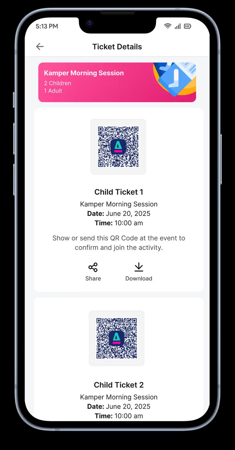QR ticket in the Happy Kamper app, scanned at the gate to admit a ticket holder